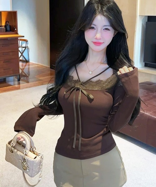 VIBGYOR(ヴィブジョー)の「【EIZZ/アイズ】レースアップ リボン リブ ロンT(Tシャツ/カットソー・レディース・ブラウン/ホワイト/ブラック・FREE)」の15枚目の写真