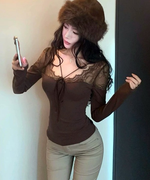 VIBGYOR(ヴィブジョー)の「【EIZZ/アイズ】レースアップ リボン リブ ロンT(Tシャツ/カットソー・レディース・ブラウン/ホワイト/ブラック・FREE)」の14枚目の写真
