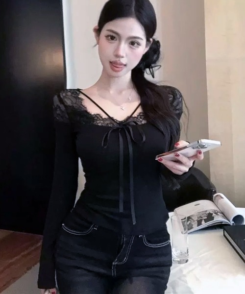 VIBGYOR(ヴィブジョー)の「【EIZZ/アイズ】レースアップ リボン リブ ロンT(Tシャツ/カットソー・レディース・ブラウン/ホワイト/ブラック・FREE)」の11枚目の写真