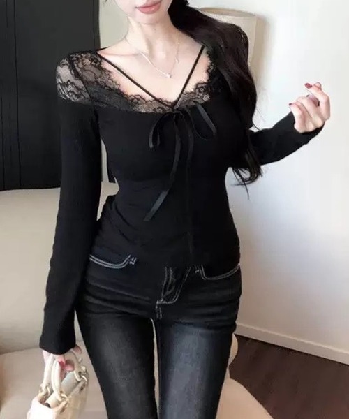VIBGYOR(ヴィブジョー)の「【EIZZ/アイズ】レースアップ リボン リブ ロンT(Tシャツ/カットソー・レディース・ブラウン/ホワイト/ブラック・FREE)」の13枚目の写真