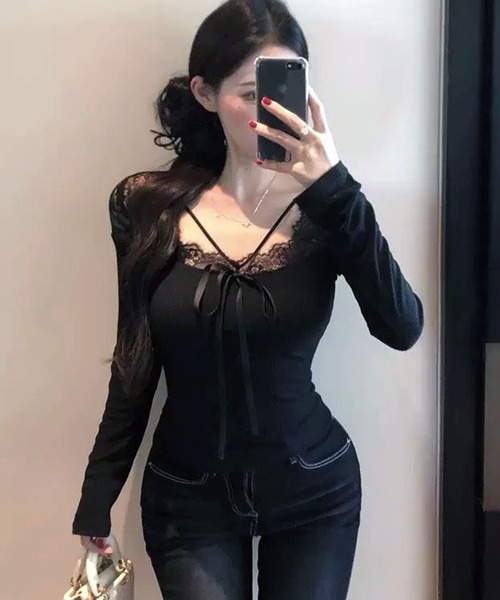 VIBGYOR(ヴィブジョー)の「【EIZZ/アイズ】レースアップ リボン リブ ロンT(Tシャツ/カットソー・レディース・ブラウン/ホワイト/ブラック・FREE)」の5枚目の写真