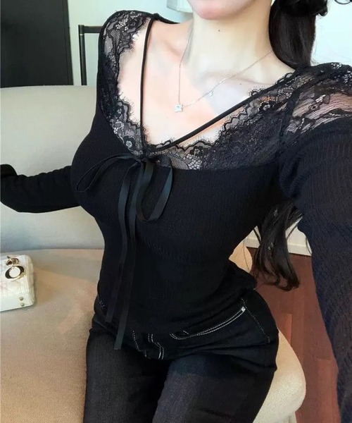 VIBGYOR(ヴィブジョー)の「【EIZZ/アイズ】レースアップ リボン リブ ロンT(Tシャツ/カットソー・レディース・ブラウン/ホワイト/ブラック・FREE)」の9枚目の写真
