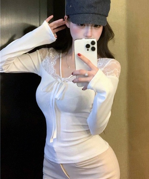 VIBGYOR(ヴィブジョー)の「【EIZZ/アイズ】レースアップ リボン リブ ロンT(Tシャツ/カットソー・レディース・ブラウン/ホワイト/ブラック・FREE)」の10枚目の写真