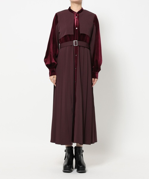 HARE マルチマテリアルプリーツワンピース バーガンディー セール】マルチマテリアルプリーツワンピース(HARE)（ワンピース
