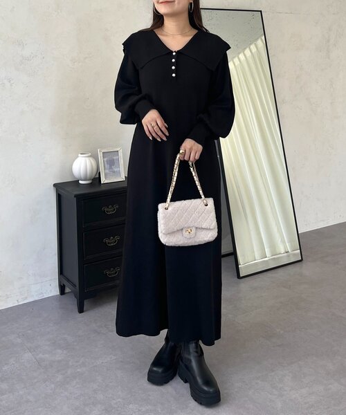 新品✨️ トゥモローランド ウール ニット ワンピース パールボタン フォーマル セール】 ウール バックパールボタンワンピース （ミニ丈・ひざ丈