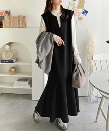 《daaco×クラシカルエルフコラボ》着るだけ細見え、一枚でフェミニンな抜け感をプラス♪キーネックダンボールロングワンピース