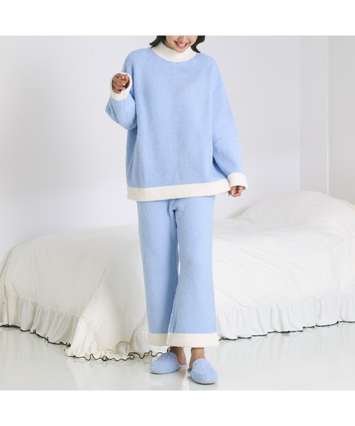 セール】ウエストウォーマー付き もちもちニットパジャマ ライトブルー