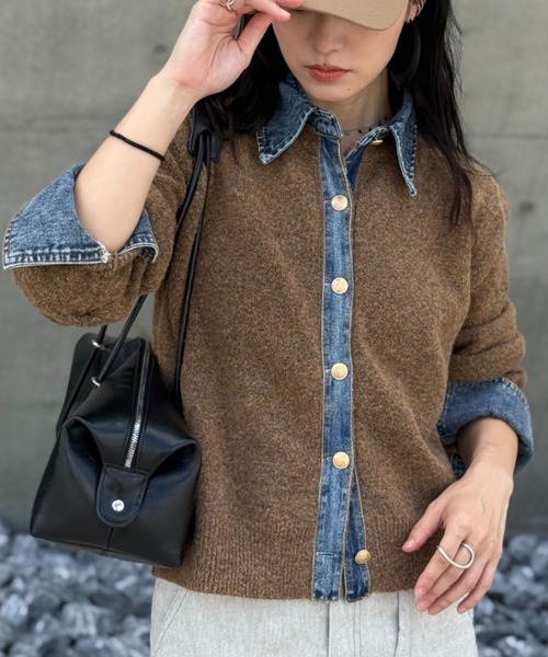 deux amour(ドゥーザムール)の「デニムドッキングニット(ニット/セーター・レディース・チャコールグレー/ライトグレー/ブラウン/ネイビー/ホワイト/ワインレッド・FREE)」の4枚目の写真