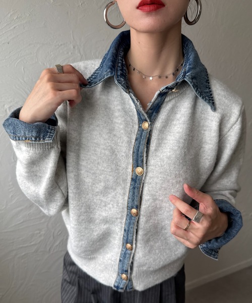 deux amour(ドゥーザムール)の「デニムドッキングニット(ニット/セーター・レディース・チャコールグレー/ライトグレー/ブラウン/ネイビー/ホワイト/ワインレッド・FREE)」の3枚目の写真