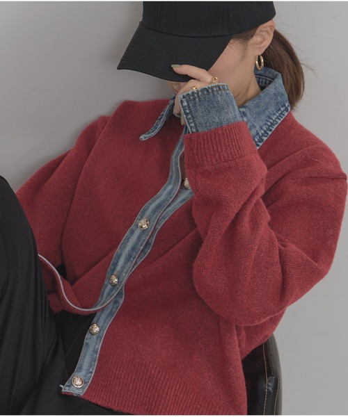 deux amour(ドゥーザムール)の「デニムドッキングニット(ニット/セーター・レディース・チャコールグレー/ライトグレー/ブラウン/ネイビー/ホワイト/ワインレッド・FREE)」の6枚目の写真