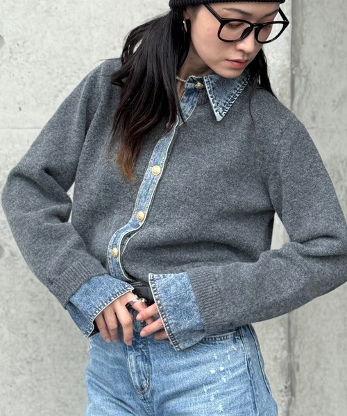 deux amour(ドゥーザムール)の「デニムドッキングニット(ニット/セーター・レディース・チャコールグレー/ライトグレー/ブラウン/ネイビー/ホワイト/ワインレッド・FREE)」の8枚目の写真