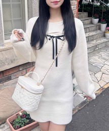 フェザーデコルテオープンニットワンピース