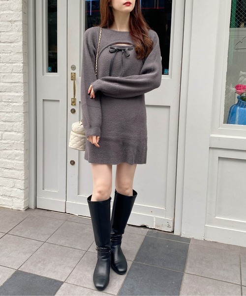 INGNI（イング）の「フェザーデコルテオープンニットワンピース（ワンピース・レディース・オフホワイト/チャコールグレー/ピンク・M）」の21枚目の写真