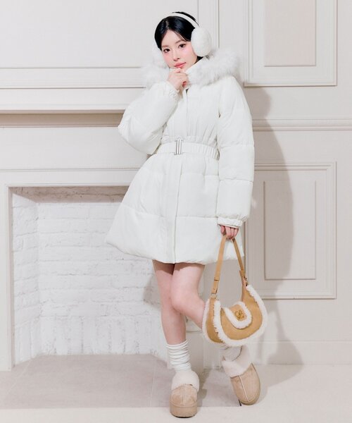 アシードンクラウド　ガウンコート　中綿　刺繍　花柄　ウエストベルト　F セール】ウエストベルト付き中綿コート（ダウンジャケット/コート