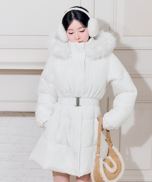 ホワイトダウンジャケット ウエストベルト付き セール】ウエストベルト付き中綿コート（ダウンジャケット/コート