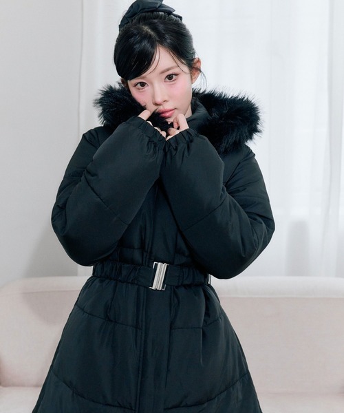 ウエストベルト付きブラックダウンジャケット セール】ウエストベルト付き中綿コート（ダウンジャケット/コート
