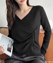【Eclat one】カシュクールデザイン サイド ボタン ドレープ デザイン ニット