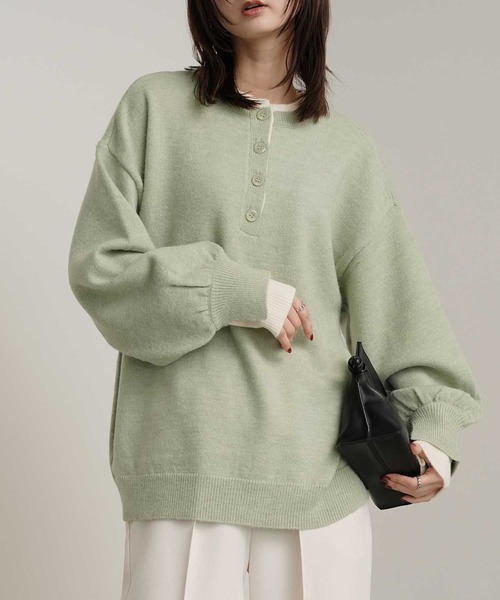 Bulue.(ブルー)の「【Bulue.】前後2wayレイヤード風ニット(ニット/セーター・レディース・ベージュ/ネイビー/ミント/杢グレー・FREE)」の3枚目の写真