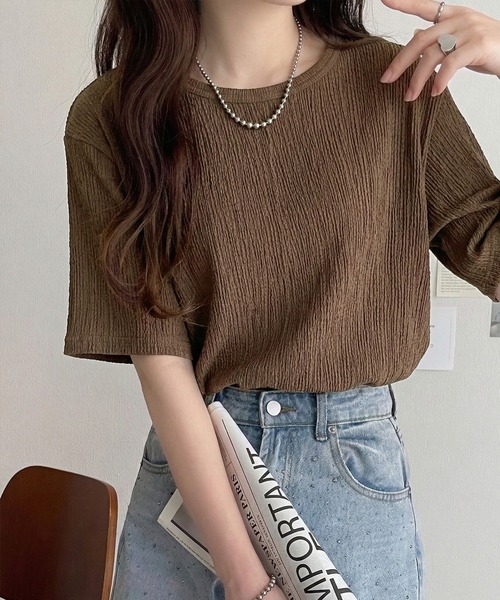 classicalelf(クラシカルエルフ)の「軽やか涼感、さらり抜け感。楊柳ベーシックTシャツ(半袖)(Tシャツ/カットソー・レディース・ブラウン/チャコール/グレイッシュベージュ/アイボリー/オフホワイト・LARGE/MEDIUM/SMALL/X-LARGE)」の10枚目の写真
