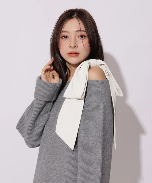 スプリングショルダーリボンゆるニット（ニット/セーター）｜Apuweiser