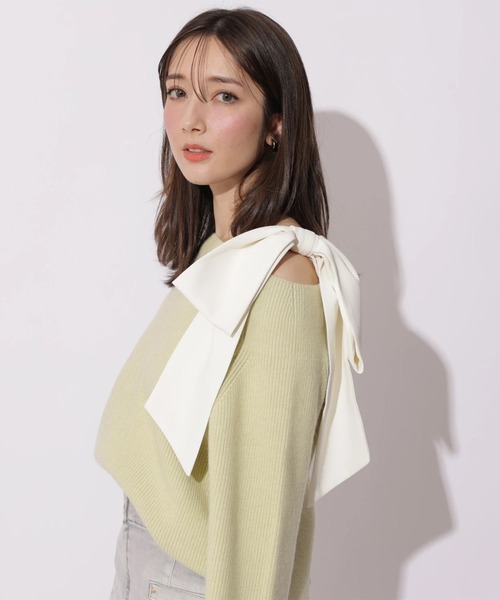 スプリングショルダーリボンゆるニット（ニット/セーター）｜Apuweiser