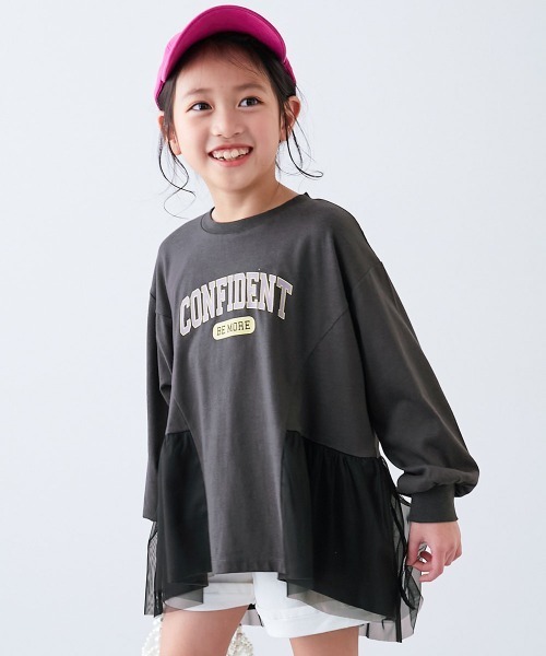 裾チュール切り替え ロゴチュニック 長袖Tシャツ（Tシャツ/カットソー