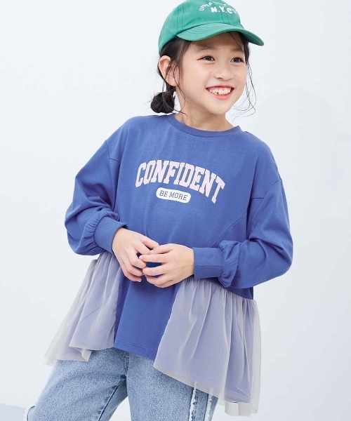 裾チュール切り替え ロゴチュニック 長袖Tシャツ（Tシャツ/カットソー