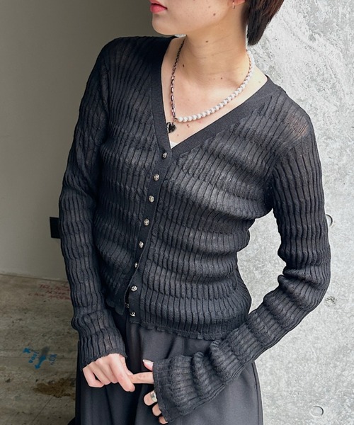 PAGEBOY（ページボーイ）の「シアーリップルニットカーディガン（カーディガン/ボレロ・レディース・グレー/オフホワイト/ブルー/ブラック・FREE）」の3枚目の写真