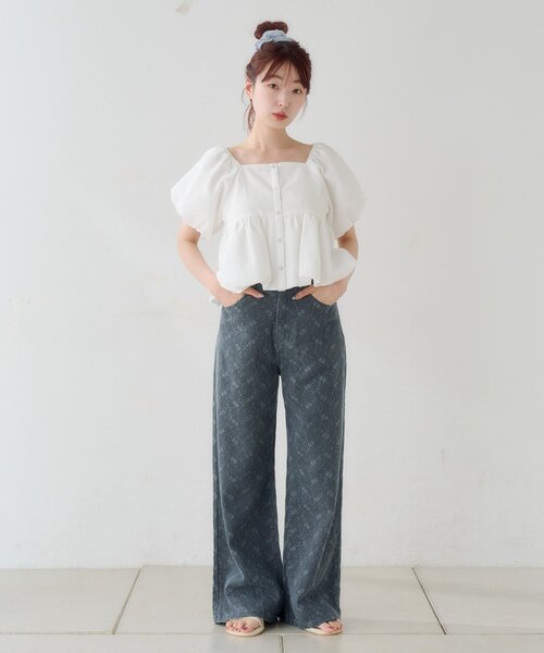 kastane フラワーエンブロイダリーデニム　ブラック　1 セール】【夏デニム/細見え◎/美脚パンツ/2サイズ展開】フラワーエン