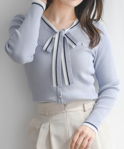 MISCH MASCH（ミッシュマッシュ）の「2026春夏新作 マルチ配色ボウタイリブニット（ニット/セーター・レディース・ブルー/ホワイト/ネイビー・ﾌﾘ-）」の3枚目の写真