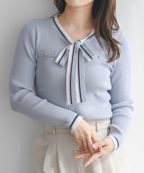 MISCH MASCH（ミッシュマッシュ）の「2026春夏新作 マルチ配色ボウタイリブニット（ニット/セーター・レディース・ブルー/ホワイト/ネイビー・ﾌﾘ-）」の4枚目の写真