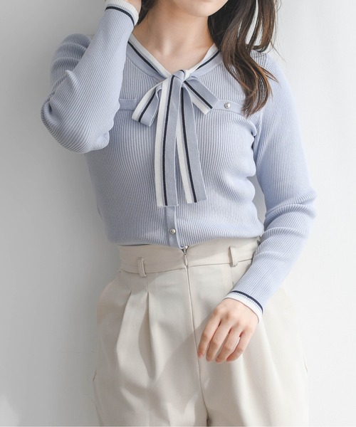 MISCH MASCH（ミッシュマッシュ）の「2026春夏新作 マルチ配色ボウタイリブニット（ニット/セーター・レディース・ブルー/ホワイト/ネイビー・ﾌﾘ-）」の5枚目の写真