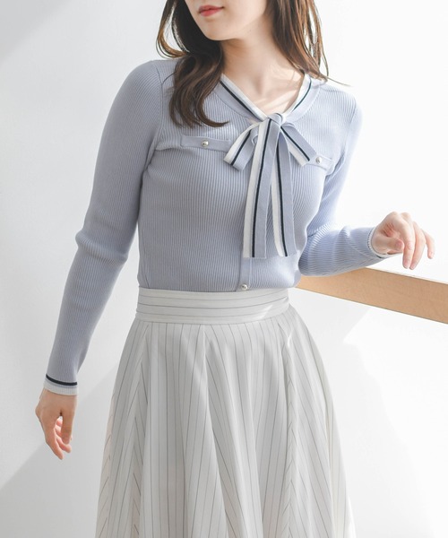 MISCH MASCH（ミッシュマッシュ）の「2026春夏新作 マルチ配色ボウタイリブニット（ニット/セーター・レディース・ブルー/ホワイト/ネイビー・ﾌﾘ-）」の19枚目の写真