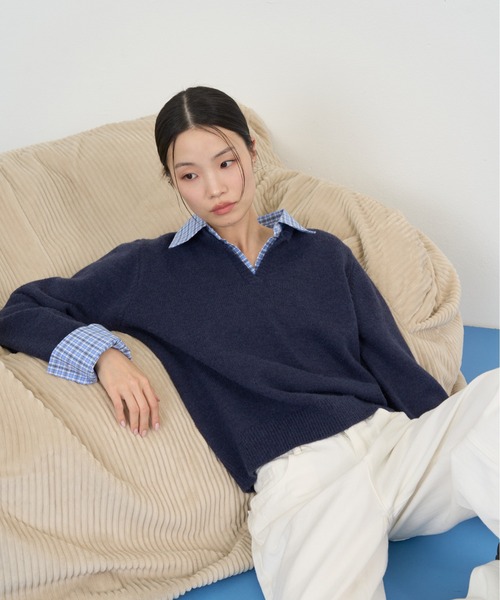 NUJOH(ヌゾ)の「Check Point Knit / チェックポイントニット(ニット/セーター・レディース・ネイビー/グレー/アイボリー・FREE)」の1枚目の写真