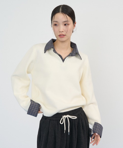NUJOH(ヌゾ)の「Check Point Knit / チェックポイントニット(ニット/セーター・レディース・ネイビー/グレー/アイボリー・FREE)」の2枚目の写真