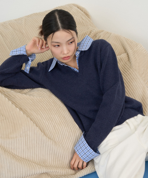 NUJOH(ヌゾ)の「Check Point Knit / チェックポイントニット(ニット/セーター・レディース・ネイビー/グレー/アイボリー・FREE)」の20枚目の写真
