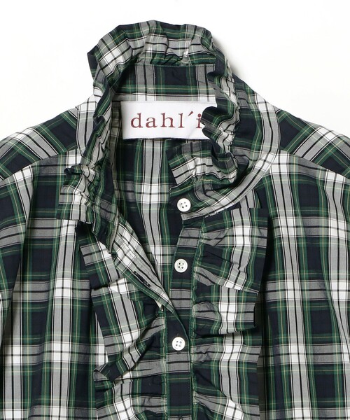 dahl'ia フリル付きチェックシャツ 長袖 dahl'ia / フロントフリル フレンチスリーブ ロングブラウス チェック