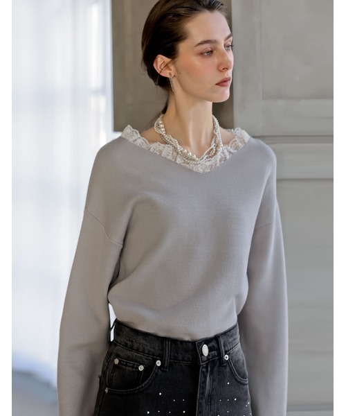 MEISM（ミズム）の「[2026S/S COLLECTION][MEISM by Re:EDIT]Vボートネックフリルレースニット（ニット/セーター・レディース・ブラック×ホワイト/ブラック×ブラック/グレー×ホワイト・LARGE/MEDIUM）」の3枚目の写真