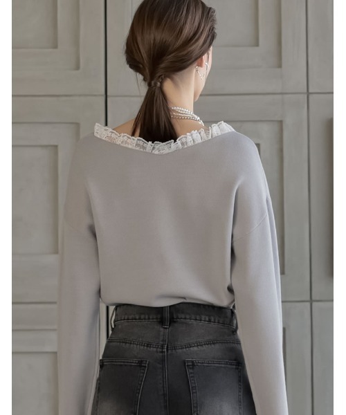 MEISM（ミズム）の「[2026S/S COLLECTION][MEISM by Re:EDIT]Vボートネックフリルレースニット（ニット/セーター・レディース・ブラック×ホワイト/ブラック×ブラック/グレー×ホワイト・LARGE/MEDIUM）」の14枚目の写真