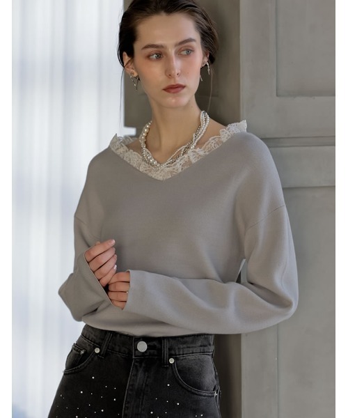 MEISM（ミズム）の「[2026S/S COLLECTION][MEISM by Re:EDIT]Vボートネックフリルレースニット（ニット/セーター・レディース・ブラック×ホワイト/ブラック×ブラック/グレー×ホワイト・LARGE/MEDIUM）」の16枚目の写真