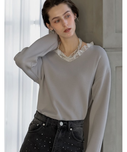 MEISM（ミズム）の「[2026S/S COLLECTION][MEISM by Re:EDIT]Vボートネックフリルレースニット（ニット/セーター・レディース・ブラック×ホワイト/ブラック×ブラック/グレー×ホワイト・LARGE/MEDIUM）」の18枚目の写真