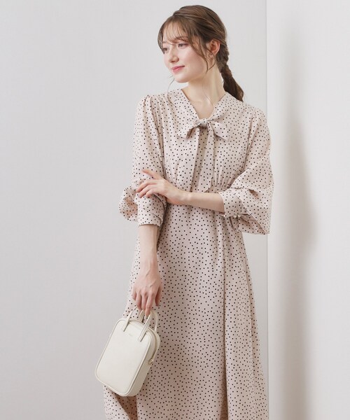 新品/人気/アイボリーベース黒ドットベニワレン　No.573 セール】リボンボウタイドットワンピース【洗濯機OK/イージーアイロン