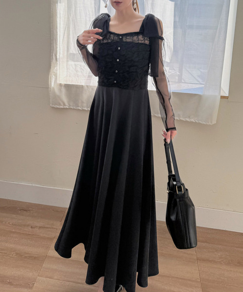 ROYAL PARTY(ロイヤルパーティー)の「オフショルリボンチュールドッキングフレアワンピース(ワンピース・レディース・オフホワイト/ピンク/ブラック・FREE)」の7枚目の写真