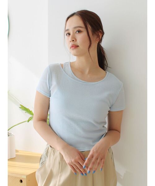 Ungrid(アングリッド)の「ショルダーデザインシアーTee(Tシャツ/カットソー・レディース・イエロー/ピンク/ブルー/チャコールグレー・FREE)」の3枚目の写真