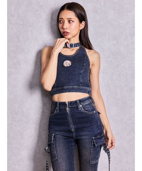 GYDA（ジェイダ）の「GG bijou MOLDチョーカーデニムショートTOPS（タンクトップ・レディース・インディゴブルー/ライトブルー・FREE）」の4枚目の写真