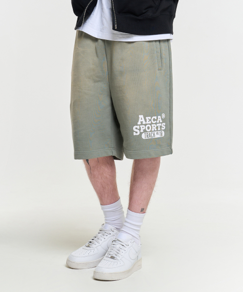 WASHED CUT-OFF HEM SWEAT SHORTS-GREEN（その他パンツ）｜AECA