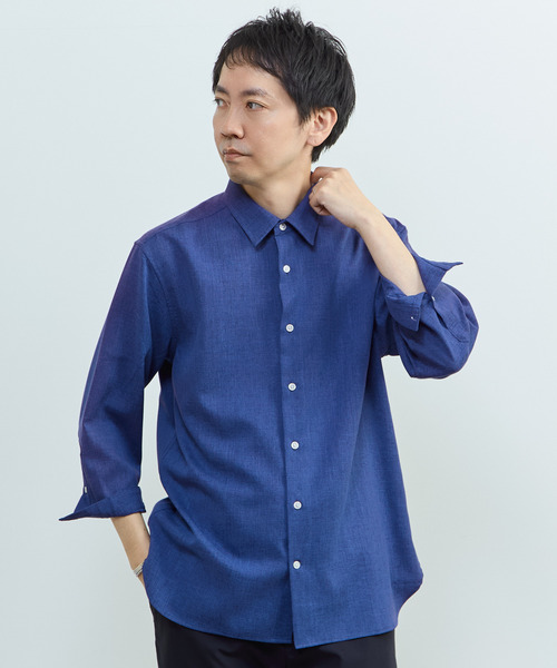 MEN'S MELROSE（メンズメルローズ）の「リネンライクエステル レギュラーカラー8分袖シャツ（シャツ/ブラウス・メンズ・ブルー/サックスブルー/グリーン/イエロー・3/2）」の3枚目の写真