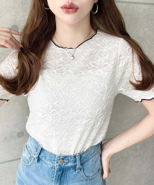 moment+（モーメントプラス）の「フラワーレース配色メローカットソー（Tシャツ/カットソー・レディース・ブラック/オフホワイト/ナチュラル・M/L）」の5枚目の写真