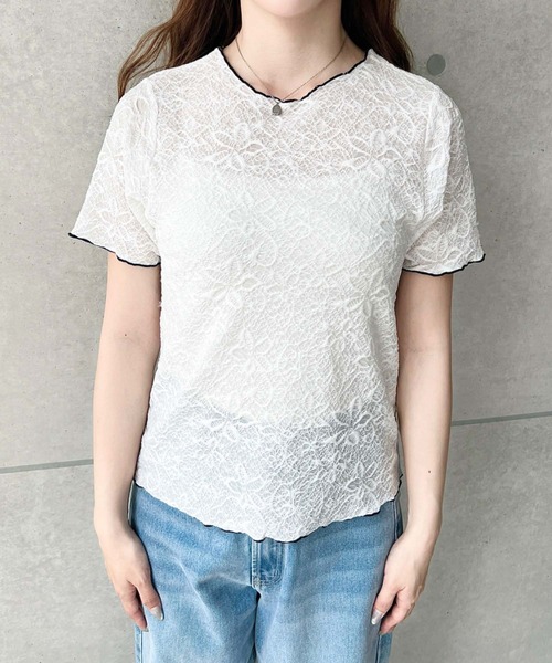 moment+（モーメントプラス）の「フラワーレース配色メローカットソー（Tシャツ/カットソー・レディース・ブラック/オフホワイト/ナチュラル・M/L）」の8枚目の写真