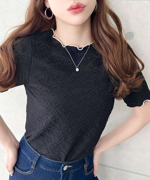 moment+（モーメントプラス）の「フラワーレース配色メローカットソー（Tシャツ/カットソー・レディース・ブラック/オフホワイト/ナチュラル・M/L）」の15枚目の写真